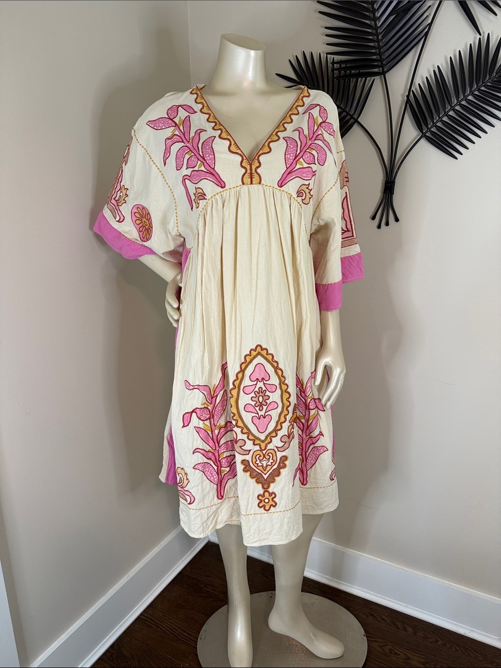 Boho Cream Midi Dress with Pink & Gold Embroidery